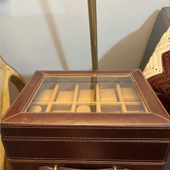 FOSSIL 10 Piece Watch Box Leather Brown w/ Storage Pull Out Drawer - Picture 2 of 9